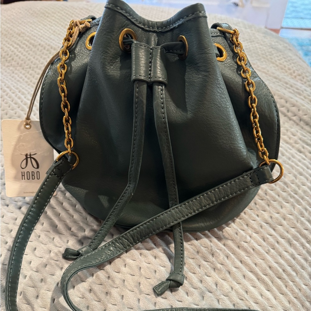 HOBO teal Green Leather Drawstring Hobo with Gold Chain Strap NWT